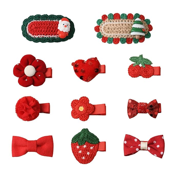Baby Girl Hair Clips 11 Pack Toddler Hair Bows Christmas Set 2 '' Infant Fully Covered Red Barrettes for Babies Fine Hair