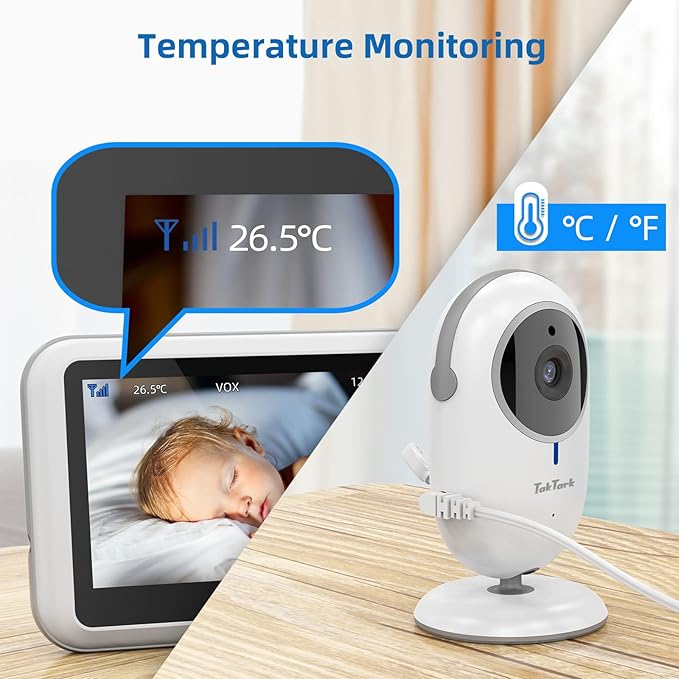 TakTark Baby Monitors with Camera and Audio, 4.3 inches, No Wi-Fi, 2 Way Audio, Night Vision, Digital Zoom, VOX Power Saving, Room Temperature, Ideal for New Parents