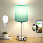 Teal Bedside Lamp for Nightstand - 3 Color Temperature Table Lamp with USB C and A Ports, Pull Chain Lamp for Bedroom with AC Outlet, Coastal Desk Lamp with Silver Metal Base for Kids Girls
