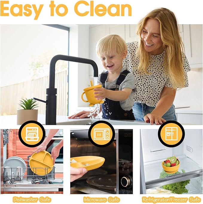 Baby Led Weaning Supplies, 17 Piece BPA-Free Silicone Feeding Set, Eating Essentials Baby Utensils with Suction Plate and Bowl, Pocket Bib, Sippy Cup with Lid, for 6+ Months, Yellow