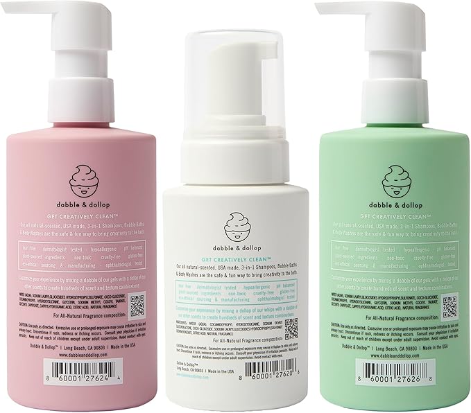 Dabble & Dollop Beachy Bundle, Natural Bubble Bath, Body Wash, Shampoo for Kids, Paraben & Sulfate Free, Vegan, Gluten-Free, Tear-Free, Honeydew Melon, Vanilla & Coconut (Set of 3)