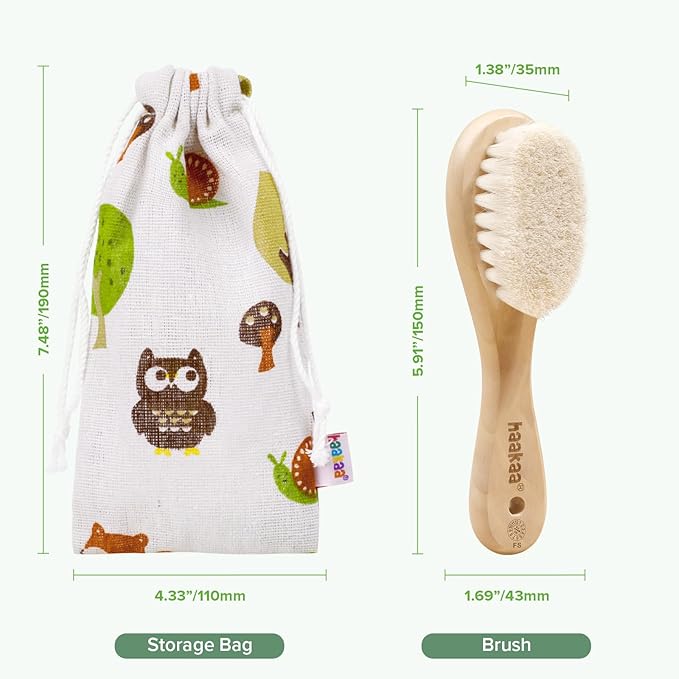 haakaa Wooden Baby Hair Brush for Newborns and Toddlers Baby Brush Natural Soft Wool Bristles Hairbrush, Ideal for Cradle Cap, Perfect Baby Registry Gift with Carry Pouch, 1PC