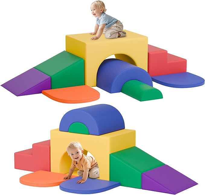‌Soft Climbing Toys for Toddlers, 7-Piece Baby Soft Foam Climbing Blocks, PU Leather Gym Climb and Crawl Activity Play Set, Indoor Climbing Toys for Kids and Children, Classic