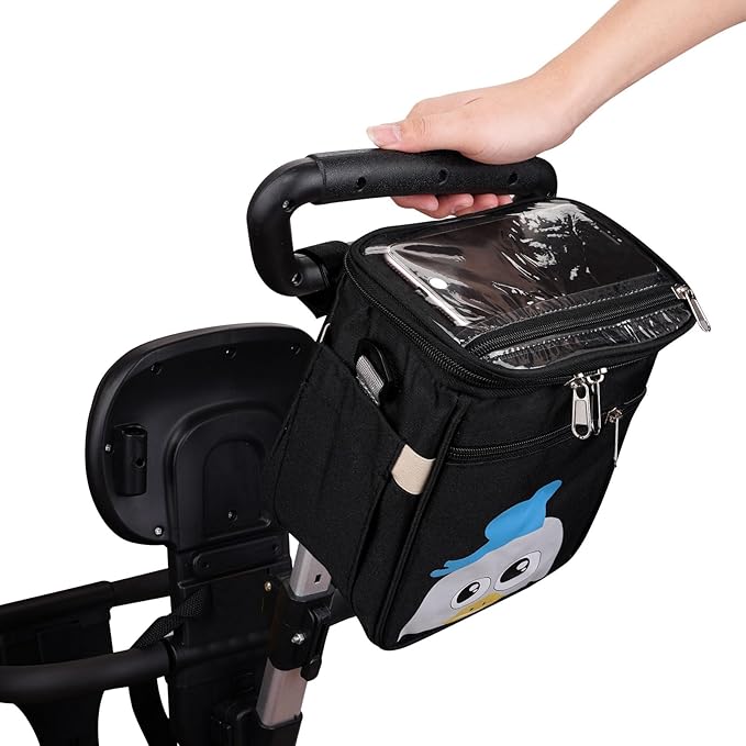 Baby Stroller Organizer Bag，Small Diaper Bag - Universal Stroller Organizer With Insulated Cup Holder,Pocket With Baby Wipes Dispenser，Adjustable Shoulder Strap(Black)