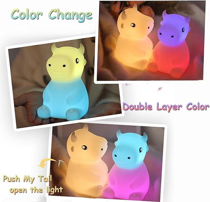 Night Light for Kids, Cute Night Lamp Bedroom Cow Nightlight for Baby Girl Boy Teem, Battery Powered Silicone Animal Night Lamp Christmas Birthday Gifts