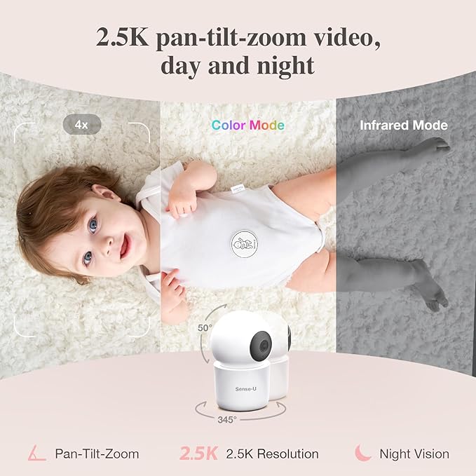 Sense-U AI 2.5K PTZ Baby Camera Monitor with Sensor-Free Sleep Breathing Movement Detection, Smart Security Indoor Video Camera with Background Audio, Cry Detection, No Monthly Fee, for Peace of Mind