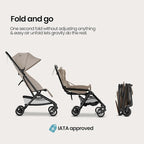 Mompush Velo Lightweight Travel Stroller – One-Hand Fold, Ultra-Compact & Airplane Friendly, Lie-Flat Recline Seat (from Birth to 50 lbs), Includes Cup Holder, Shoulder Strap, and Leather Bumper Bar