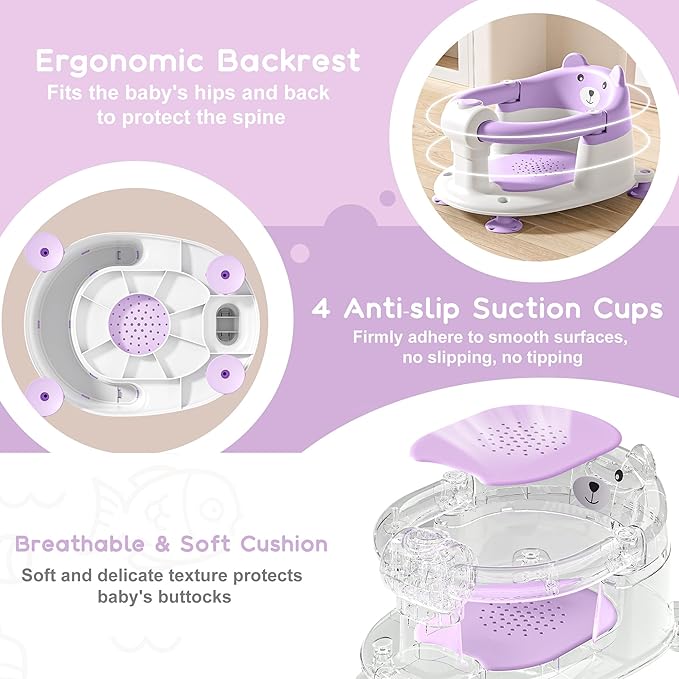 Baby Bath Seat for Babies 6 Months & Up, Toddler Bath Seats for Babies Sitting Up, Non-Slip Infant Bath Tub Chair with 4 Suction Cups & Soft Cushion for Shower, Compact Toddler Bathtub Seat, Purple