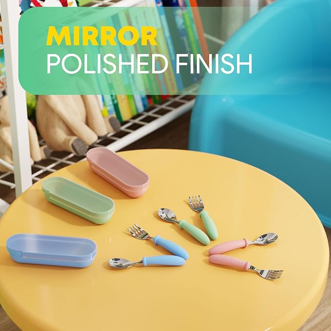 Toddler Utensils, Kids Stainless Steel Silverware Set, Toddler Forks and Spoons, Baby Utensils Set with Storage Box for Self Feeding Safe, Dishwasher Safe (3 Set with Case)