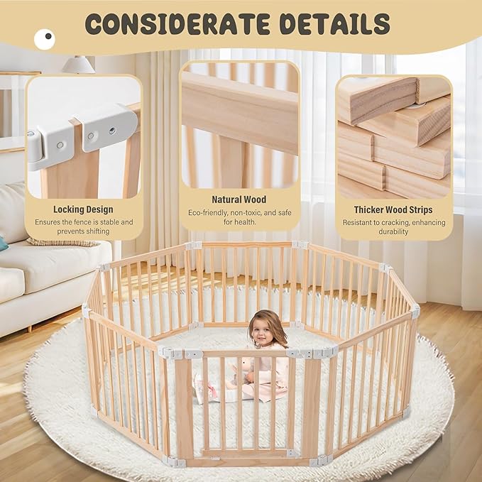 Foldable Wooden Playpen, Large Baby Wood Playpen with Locking Gate for Babies and Toddler 1-3 Year, Portable Play Yard for Activity Center Indoor Outdoor(Wood, 8 Panel)
