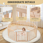 Foldable Wooden Playpen, Large Baby Wood Playpen with Locking Gate for Babies and Toddler 1-3 Year, Portable Play Yard for Activity Center Indoor Outdoor(Wood, 8 Panel)