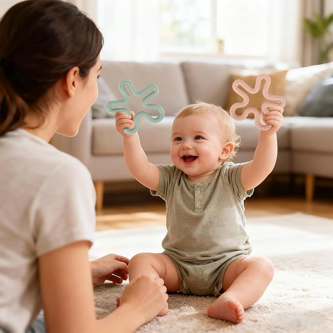 Fu Store 3 Pack Coral Flower Ring Teether Baby Teething Toys Silicone Teether Ring Toys for Babies 0-6 0-12 0-24 0-36 Months Easy to Grasp Clean Infant Teething Relief Soothing Sore Gums