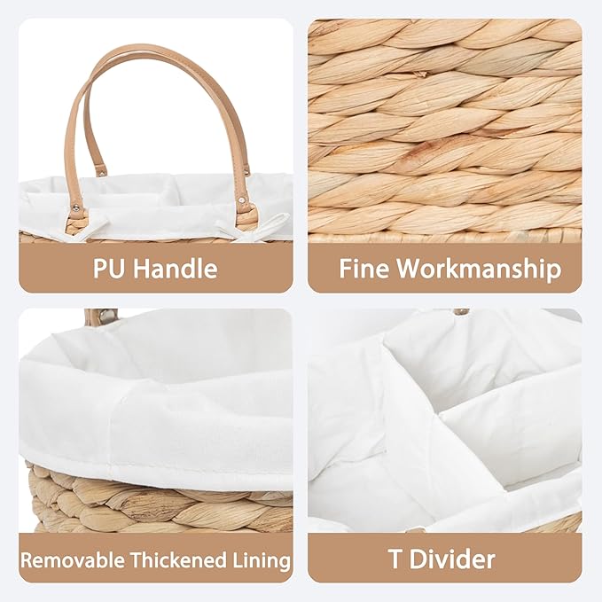 Handwoven Wicker Diaper Caddy Organizer, Multi - functional Baby Diaper Bag for Nursery & Home Storage, Detachable Lining, PU Handles, Baby Registry Must Haves (Water hyacinth)