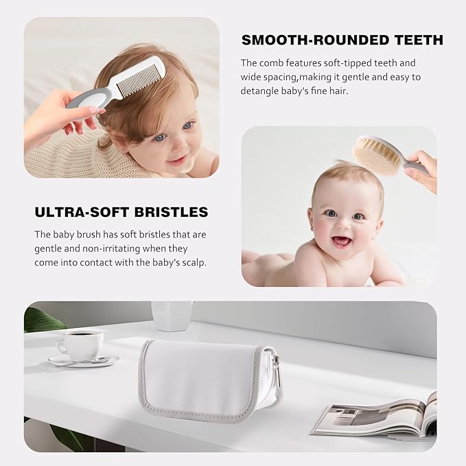 Baby Grooming Kit with Storage Pouch Baby Brush Soft Bristles 5 pcs-Infant Brush, Rounded Comb, Safety Scissors, Nail Clippers & Emery Board -Health Care Kit for Newborns & Toddlers Gray