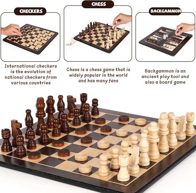 3-in-1 Wooden Chess, Backgammon Set and Checkers Set- 12 Inch Portable Board Game for Kids and Adults, Classic Strategy Game with Durable Chess Pieces Perfect for Travel Family Game Educational Games