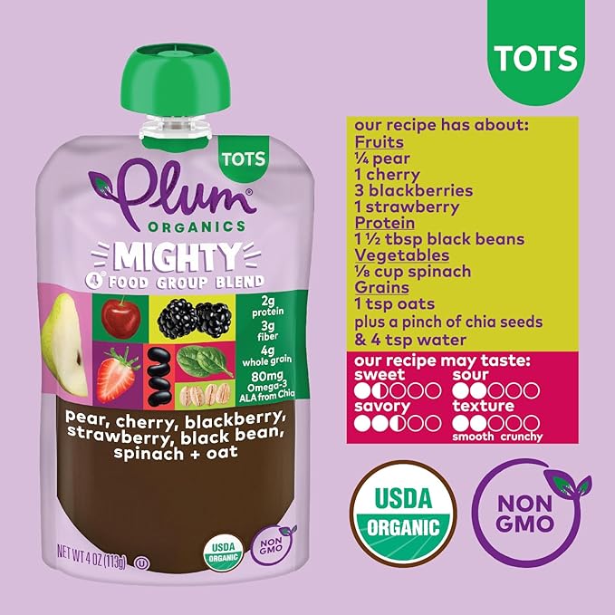 Plum Organics Mighty 4 Organic Toddler Food - Pear, Cherry, Blackberry, Strawberry, Black Bean, Spinach, and Oat - 4 oz Pouch (Pack of 12) - Organic Fruit and Vegetable Toddler Food Pouch