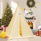Teepee Tent for Kids with Padded Mat Cotton Canvas Kids Teepee with Pompom for Toddlers Indoor Play Tent for Girls Boys with Stars Lights, Carry Bag, Banner Flag (Cream)