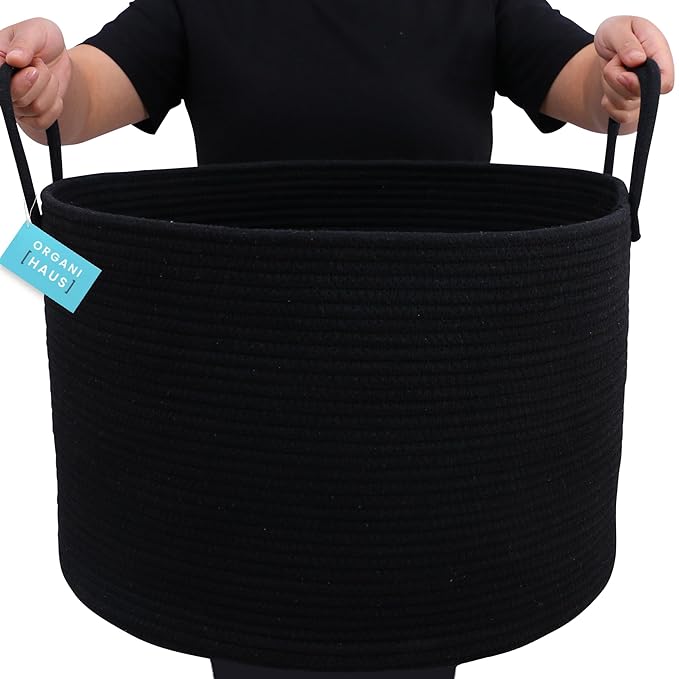 OrganiHaus Large Laundry Basket, Woven Cotton Rope Basket for Blankets, Toy Storage, Nursery Hamper, Living Room Decor Organizer, Soft & Durable Hamper with Handles, 20x13 inches - Black