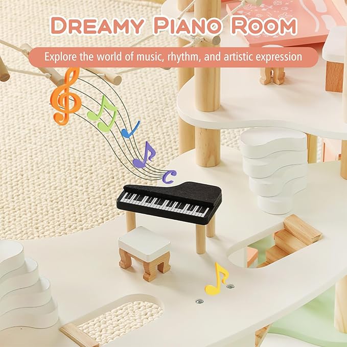 Costzon Wooden Dollhouse for Kids, 3-Story Luxury Doll House with 32 Pieces Furniture Accessories, 7 Rooms, Stairs & Balcony, DIY Pretend Dollhouse Playset, Gift for Girls Toddlers Ages 3+ (Colorful)