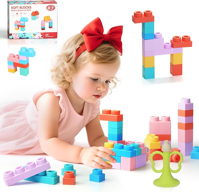 22 Pcs Soft Building Blocks for Toddlers 18M+, BPA - Free Sensory Teether Toys, Montessori STEM DIY Bricks, Early Learning Creative Stacking Set, Safe Baby Construction Toys