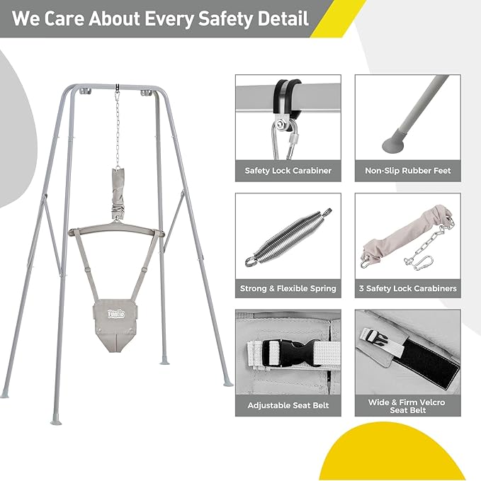 FUNLIO Baby Jumper with Stand for 6-24 Months, Infant Jumper for Indoor/Outdoor Play, Toddler Jumper for Baby Girl/Boy, with Adjustable Chain, Easy to Assemble & Store (with Stand) - Grey