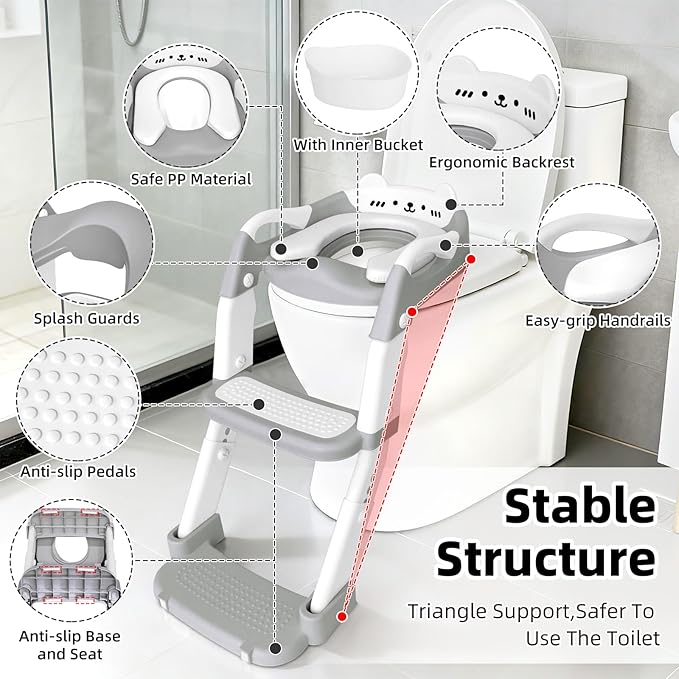Potty Training Seat, Upgrade Toddler Toilet Seat for Kids Boys Girls, 3 in 1 Potty Training Toilet with Step Stool Ladder-Non Slip Foldable (Gray+White)