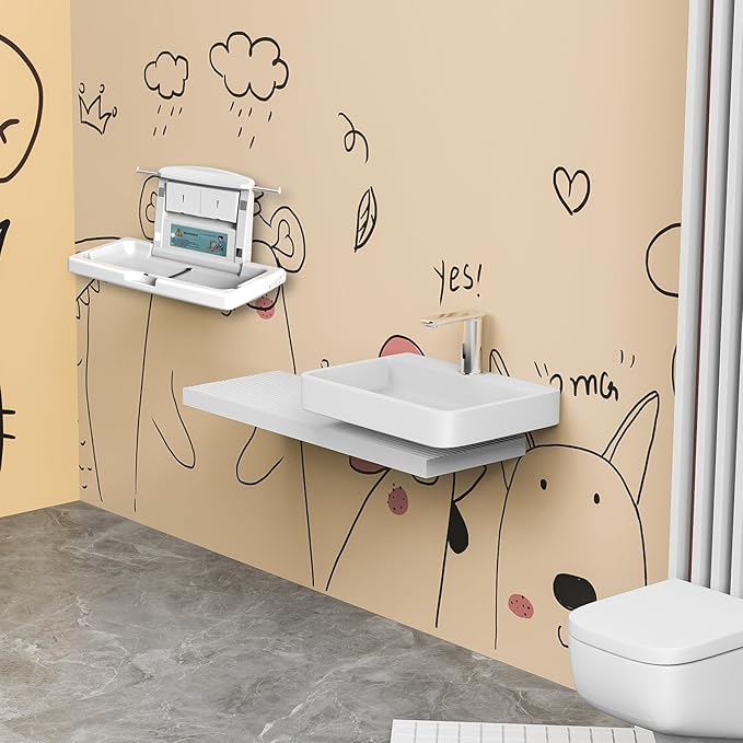 Commercial Baby Changing Station, Wall Mounted Horizontal Baby Changing Table with Safety Strap, Foldable Diaper Tables for Bathroom, White