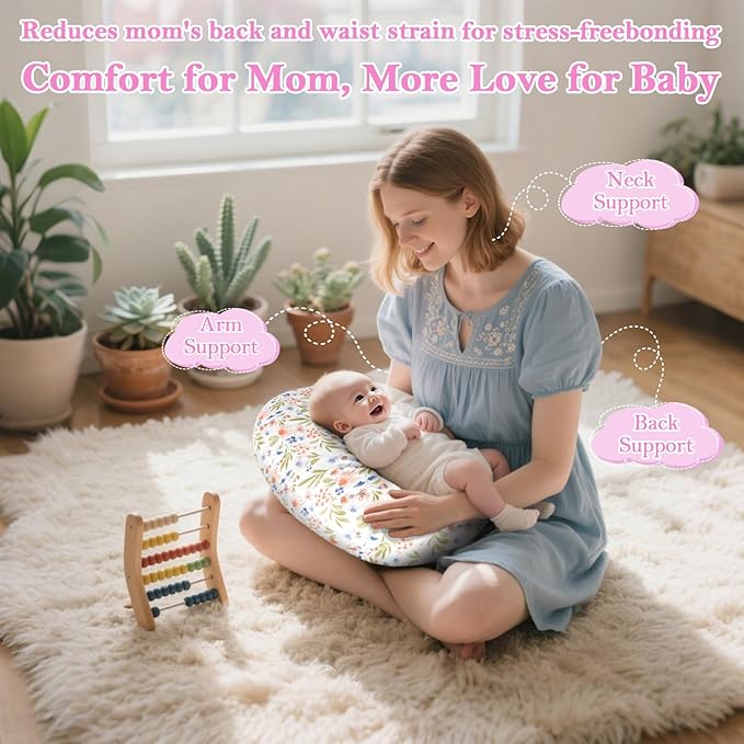 Nursing Pillow - Breastfeeding Pillow with Breathable Filling & Removable Cover, Ergonomic Support for Breastfeeding & Bottle (Green Leaf,0-18 Months)