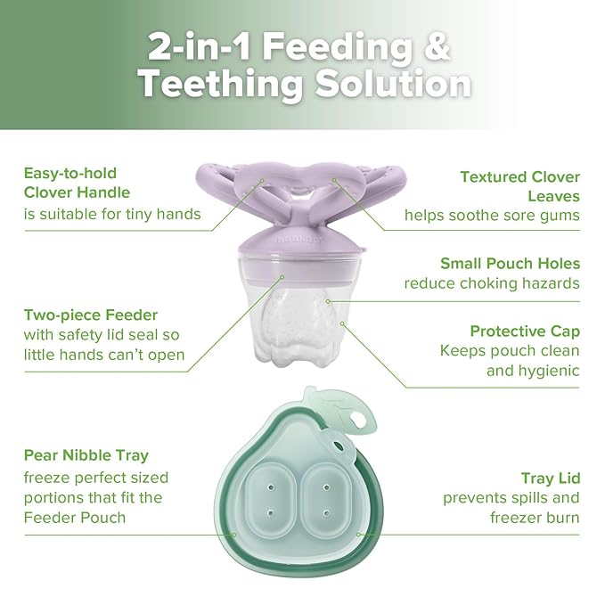 Haakaa Clover Baby Fruit Feeder Teether & Mini Freezer Nibble Tray – BPA-Free Silicone Breastmilk Popsicle Mold for Baby Teething Relief & Self-Feeding, 4M+ (Lavender)