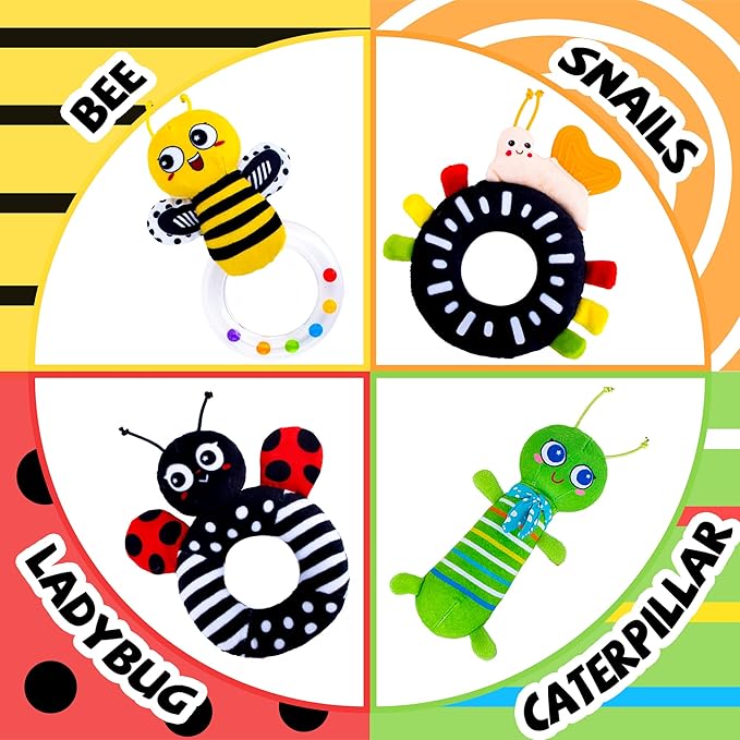 Baby Rattle Toys, Infant Soft Stuffed Animal Rattles Set - Sensory Development Toys, Baby Toys Stuffed Animals Soft Crinkle Sensory Handbells Baby Rattles, Soft Busy Toys for Toddlers Boys Girls