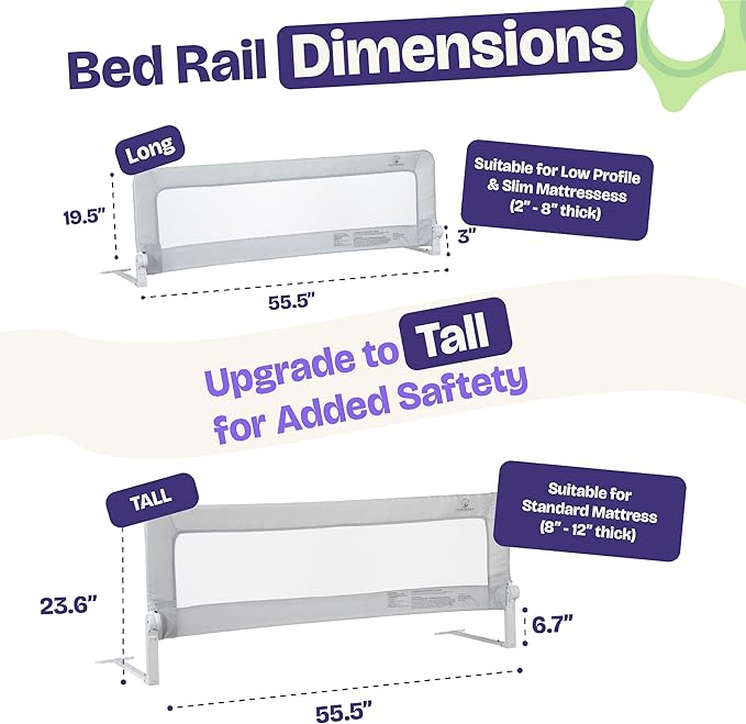 ComfyBumpy 2-Pack Bed Rail for Toddlers 55.5" L x 19.5" H | Toddler Bed Rails for Twin, Full, Queen & King Mattress Size | Swing Down Rail Guard | Mattress Side Rail for Kids | Gray