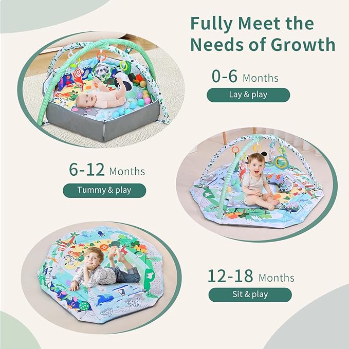 Baby Play Gym & Activity Mat,10-in-1 Tummy Time Mat,Panda Washable Baby Playmat with Detachable Toys,2 in 1 Baby Mat & Fence for Sensory Exploration and Motor Skill Development at Different Stages