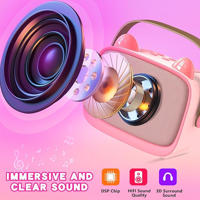 Mgaolo Upgraded Mini Karaoke Machine Toy for Kids, Portable Bluetooth Speaker with 2 Wireless Mics, Emoji & Colorful LED Lights, Home Travel & Party Play Gifts for Boys Girls (Pink)