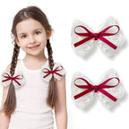 2pcs Lace Hair Bows for Girls, White Lace with Burgundy Hair Ribbons, Alligator Bow Hair Clips, Handmade Hair Accessories for Girls