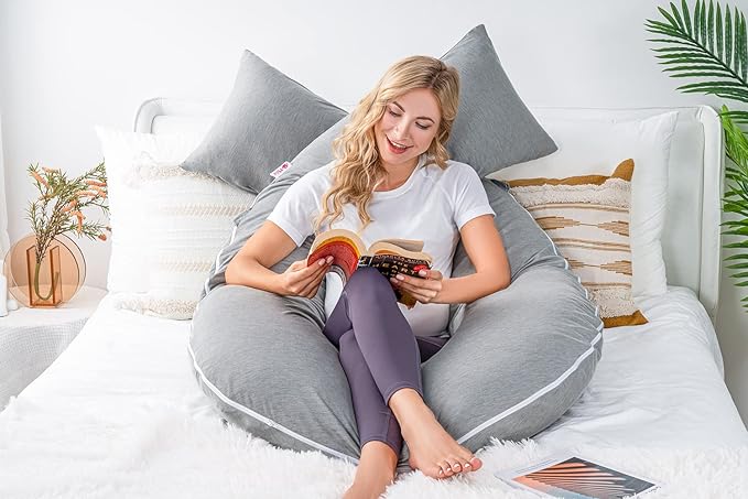 Meiz Pregnancy Pillow, Cooling Silky Pregnancy Pillows for Sleeping, 65" Full Body Maternity Pillow for Tall Pregnant Woman with Cooling Silk Jersey Cover, Grey