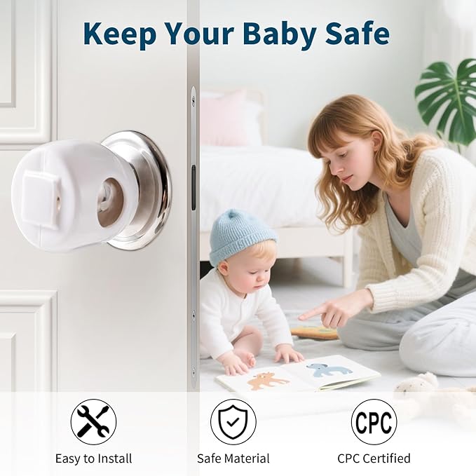 Inaya Door Knob Safety Cover for Kids (4 Pack) – Child Proof Door Knob Covers for Baby Proofing – Door Locks for Kids Safety, Fits Most Round Handles, Easy to Install, White
