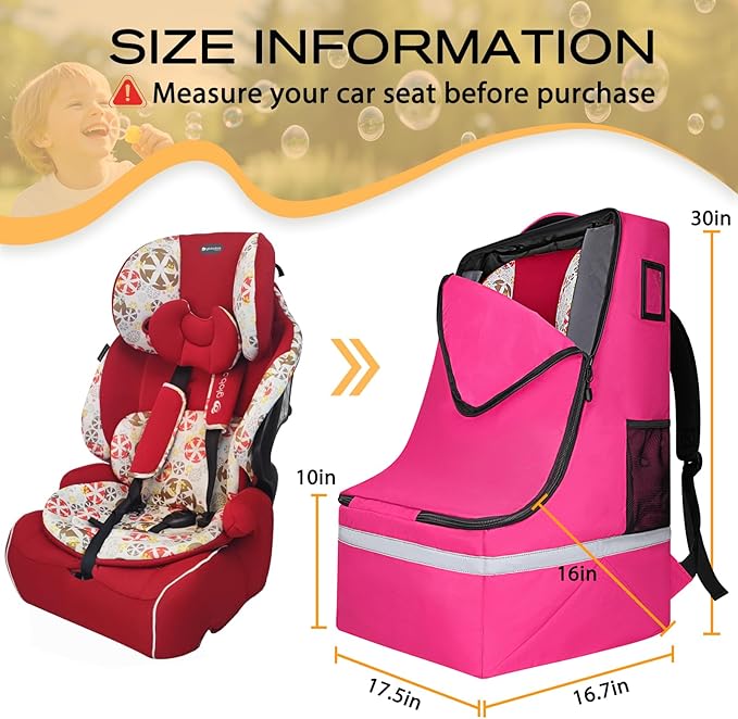 Car Seat Travel Bag for Airplane,Infant Seat Travel Bag with Shoulder Strap,Padded Car Seats Backpack with Reflective Stripes,Large Carseat Carrier Bag Travel Car Seat Cover,Pink