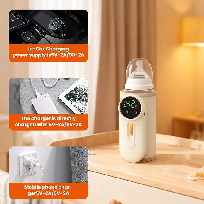Portable Baby Bottle Warmer Precise Temperature Control via Display Accurate Heating Long-Lasting Battery Life Keeps Warm for 5-8 Hours Charge While Feeding Perfect for Traveling with Baby