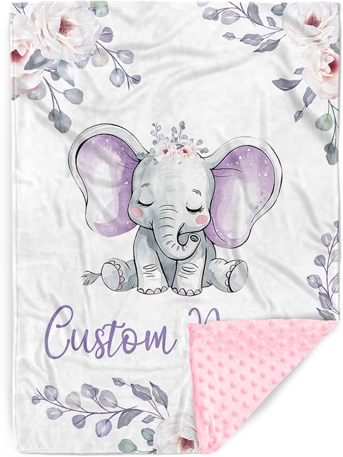 Custom Name Baby Blanket – Double-Layer Dotted Backing Flannel Swaddle – Elephant and Flower Theme for Newborns and Toddlers