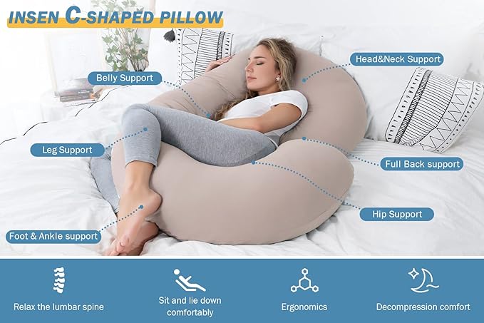 INSEN Pregnancy Pillow Cooling, Maternity Pillow with Soft Cotton Cover, C Shaped for Side Sleeping