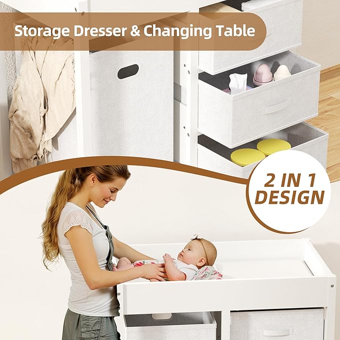YUFU Baby Changing Table, Diaper Changing Table with Laundry Hamper, 3 Storage Drawers and Pad, Wooden Infant Diaper Changing Station, White