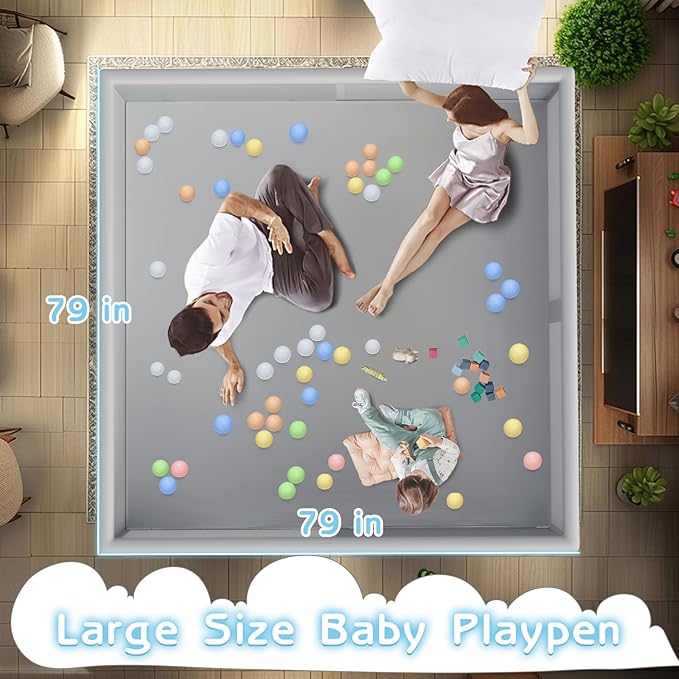Large Baby Playpen 79x79 Inch, Playpens for Babies and Toddlers, Indoor & Outdoor Extra Large Kids Activity Center, Baby Play Yard with Zipper Gates.