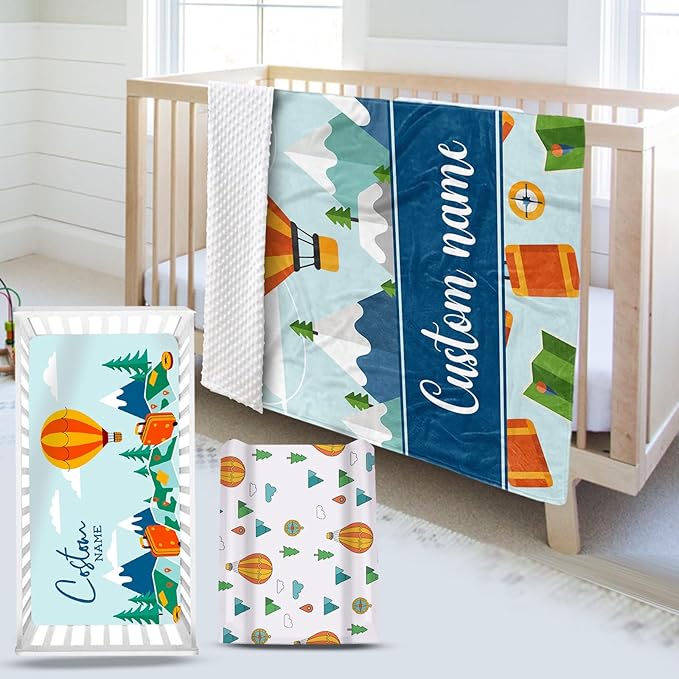 Personalized Baby Crib Bedding Set, Custom Name Hot Air Balloon Pattern Nursery Bedding Set 3 Pcs, Baby Blanket Fitted Crib Sheet Changing Pad Cover, Personalized Nursery Decor Gift for Newborns Boys