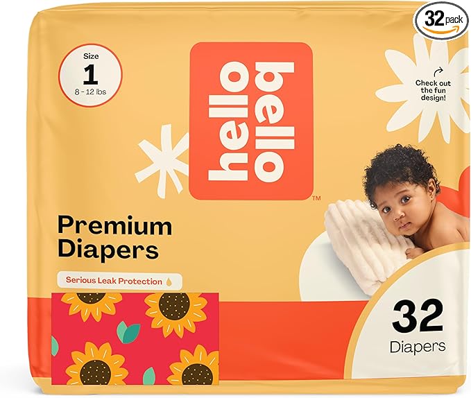 Hello Bello Diapers, Size 1 (8-12 lbs) Flower Child, 32 Count of Premium Disposable Baby Diapers, Hypoallergenic with Soft, Cloth-Like Feel