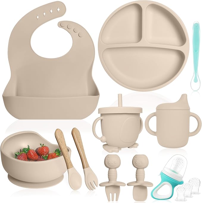 Bluet B- Silicone Baby Feeding Set with Pacifier - Baby Led Weaning Supplies - Baby Spoons, Suction Bowl - Plate - Baby Utensils Set - Silicone Feeding Set for Baby First Foods - 11pcs - Beige