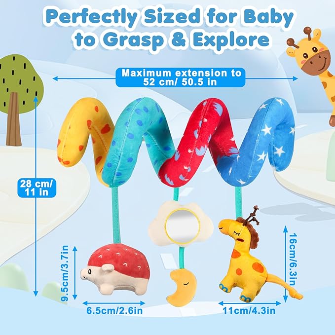 URMYWO Spiral Car Seat Toys for Babies 0-6 Months, Hanging Toy Fits Stroller, Developmental Sensory Baby Toy with Bell Crinkle Mirror, Baby Travel Gear Shower Gift for Boys Girls