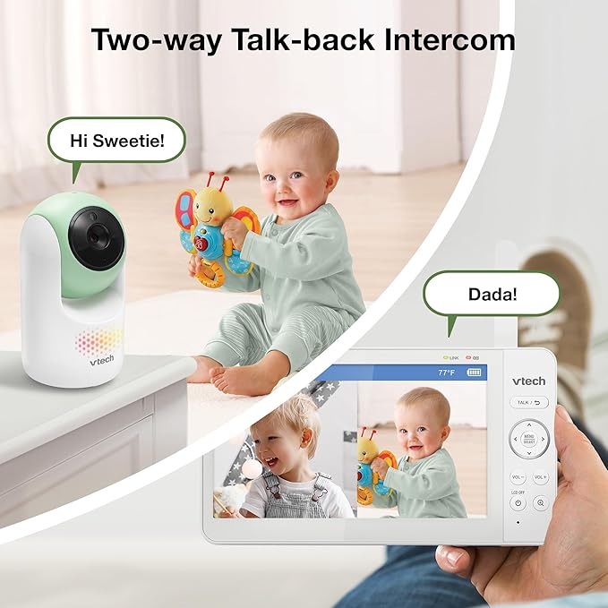 VTech 2-Cameras Video Baby Monitor with 7" Color LCD Screen, Rechargeable Battery, Video and Audio Streaming, Pan-Tilt-Zoom, Touch Multi-Color Night Light, Two-Way Talk: Advanced Max Twin (Green)