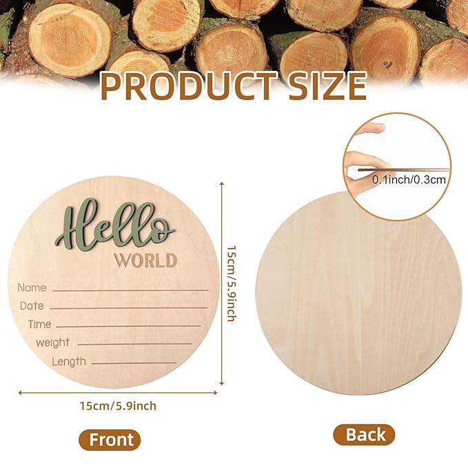 Baby Announcement Sign, 5.9 Inch Wooden Hello World Newborn Signs, Birth Announcement Sign, Baby Shower Hospital Nursery for Newborn Boys and Girls (Forest Green,Pen)