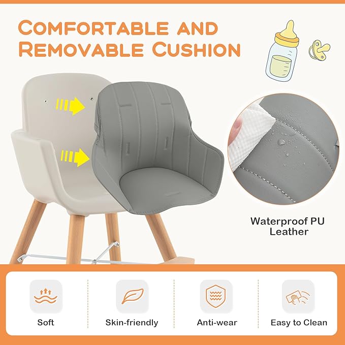 BABY JOY Convertible Baby High Chair, 3 in 1 Wooden Highchair/Booster/Chair with Removable Tray, Adjustable Legs, 5-Point Harness, PU Cushion and Footrest for Baby, Infants, Toddlers (Gray)