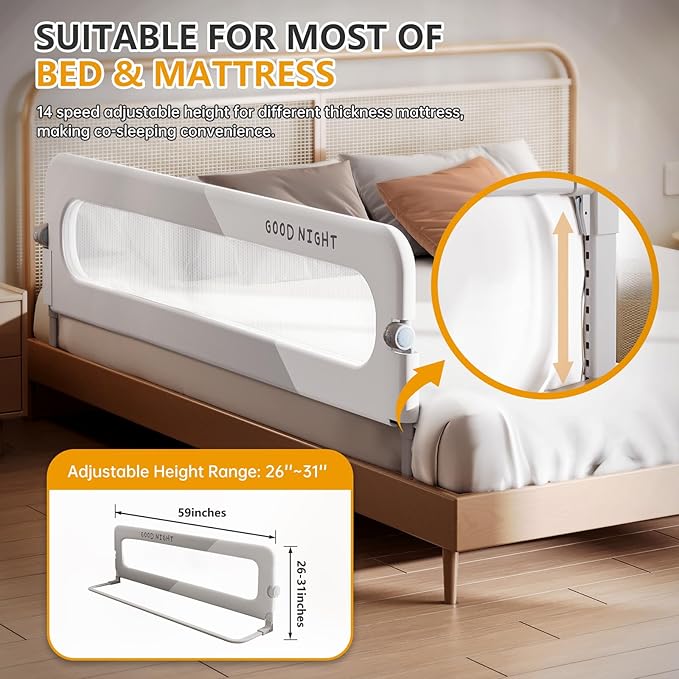 Foldable Toddler Bed Rails - Kids Guard Bumper for Crib Safe Bed Side Rail for Twin Queen King Full Size Beds (59inch)